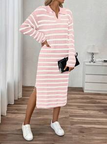 Chiquease Women's POLO Collar V-Neck Striped Low-Cut Casual Long Knit Sweater Dress