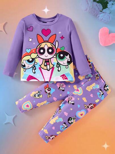 THE POWERPUFF GIRLS X SHEIN Baby Girl Casual Cartoon Print Long Sleeve T-Shirt And Leggings Set