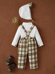 SHEIN Conjunto de 3 piezas para bebés niños - Camisa de manga larga blanca + Pantalones largos a cuadros estilo caballero, apto para uso en exteriores y en casa, otoño/invierno - Multicolor - Ver 2