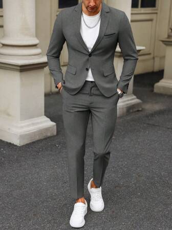 Manfinity Bizformal Herrkostymset med enfärgad, platt krage och långärmad topp och långa byxor, Old Money-stil