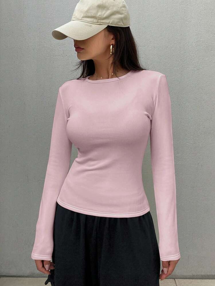 Women Solid Color Round Neck Long Sleeve Casual T-Shirt,Fall Clothes,Thermal Lined