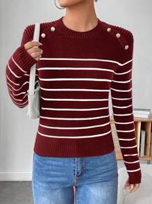 SHEIN Clasi Áo len tay raglan kẻ sọc Colorblock cỡ lớn, thường ngày cho mùa thu/đông - Màu Đỏ Sâu - Xem 4