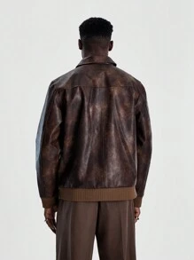 Musero Men PU Oversized Zip Through Ribbed Fabric Cuffs Leather Jacket Autumn Winter Essentials Outerwear