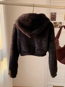 Comfortcana Zip Up Drop Shoulder Hooded Crop Flannel Black Jacket In Fall/Winter - Black - View 2