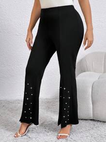 SHEIN Clasi Pantaloni casual neri attillati con spacchi anteriori per donne in taglie comode