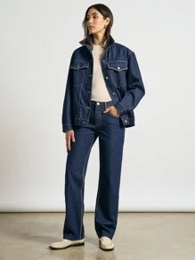 AiiRZ Buttoned Pocket Detail Denim Jacket And Straight Leg Jeans Two Piece Co-Ord Set - Blue - View 2