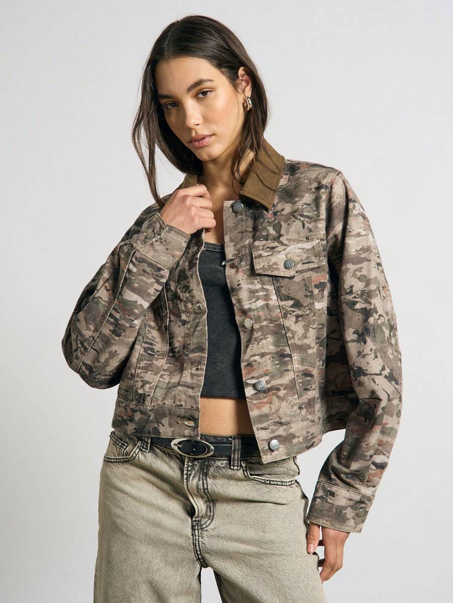 AiiRZ Classic Trucker Style Military Combat Camouflage Print Denim Jacket Fall Winter Distressed Outdoor Adventure Workwear Utility Fashion Statement Piece - Multicolor - View 1