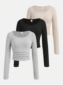 SHEIN Nastolatka 1 otrzymaj 2 za darmo 3 sztuki Czarny morelowy szary Jesień i zima All-Match Casual i sportowy ściągacz dzianinowy marszczony detal Długi rękaw T-shirt