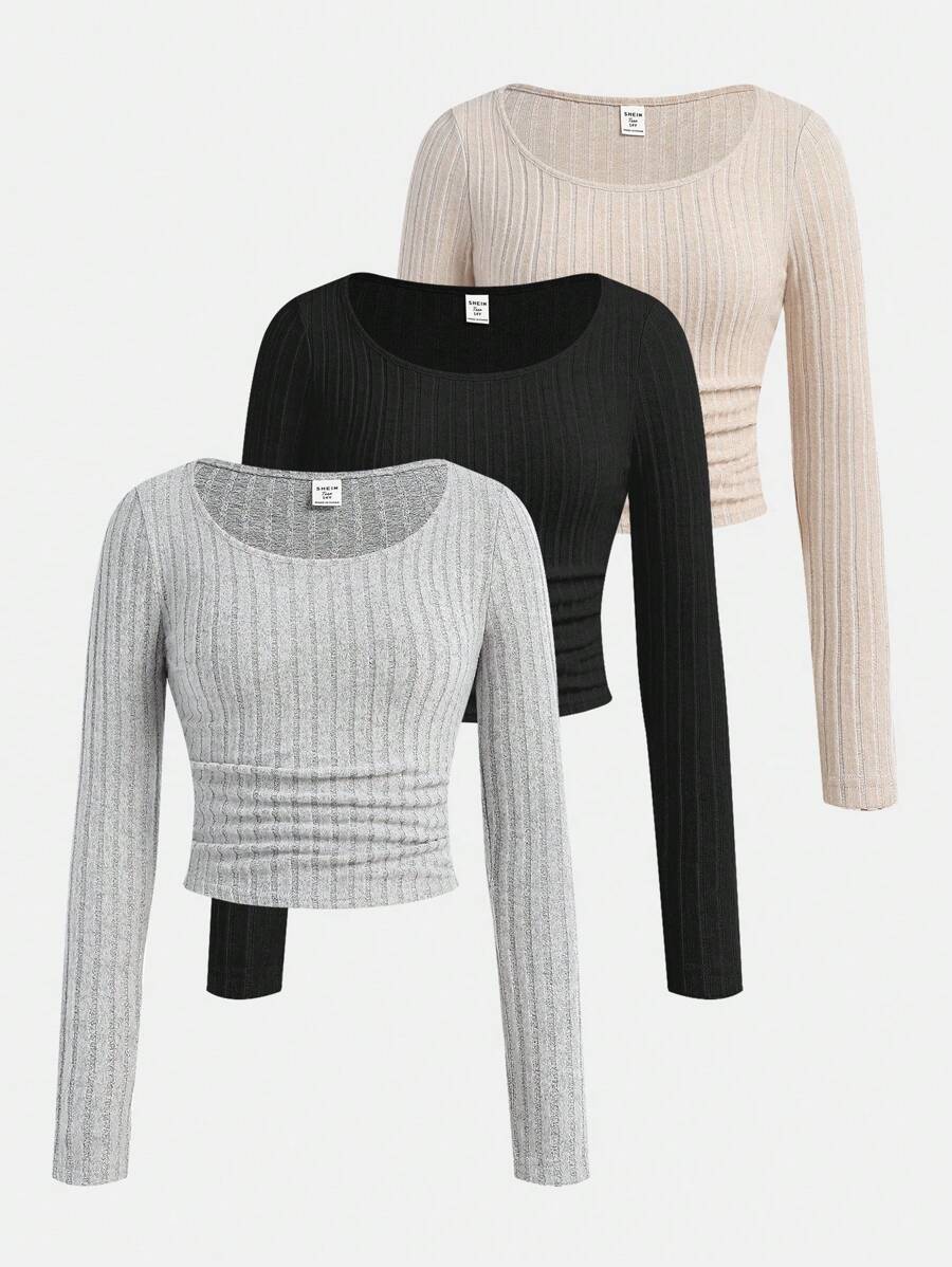 SHEIN Nastolatka 1 otrzymaj 2 za darmo 3 sztuki Czarny morelowy szary Jesień i zima All-Match Casual i sportowy ściągacz dzianinowy marszczony detal Długi rękaw T-shirt