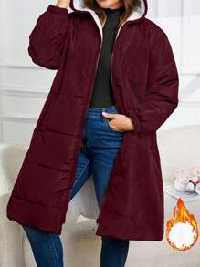 Plus Size Front Zip Up Hooded With Pockets, Casual Sweatshirt Puffer Coat For Winter Clothes Fall Cloth For Women