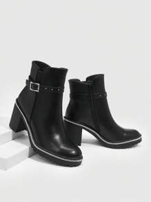 CUCCOO BIZCHIC Fashionable All-Match Commuting Comfortable Versatile Black Striped Rhinestone Round Toe Thick Heel Ankle Boots For Christmas And New Year Holiday Vibe Fall And Winter - Black - View 5