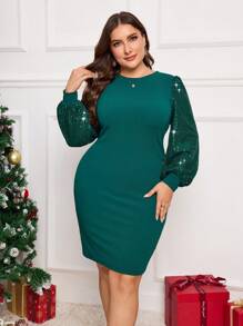 SHEIN Clasi Đầm ngắn sang trọng cổ tròn đính sequin tay đèn lồng cỡ lớn cho nữ - Màu xanh lá cây đậm - Xem 6