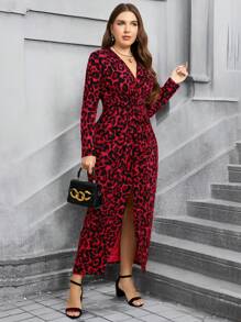 SHEIN Clasi 加大码多色豹纹深 V 领扭纹修身中长连衣裙，适合曲线优雅女性服装