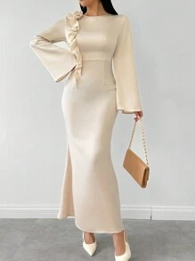 SHEIN Unity Elegant Ladies Long Dress With 3D Floral Ruffle Hem Trumpet Sleeves Fall Cloth For Women - Multicolor - View 5