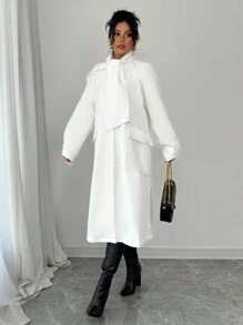 Chiquease Elegant Loose Solid Color Long Sleeve Long Overcoat, Autumn Fall Cloth For Women - White - View 3