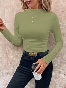 SHEIN Clasi 女式简约纯色修身立领垫肩长袖 T 恤，百搭秋季 - 薄荷綠 - 查看 6