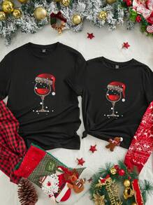 Manfinity Homme Merry Christmas 1pc Black Crew Neck T-Shirt, Christmas Gifts For Men - Black - View 1
