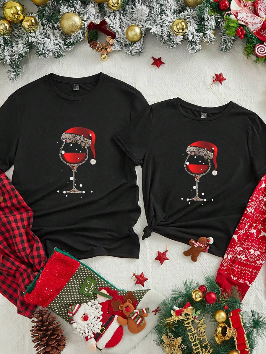 Manfinity Homme Merry Christmas 1pc Black Crew Neck T-Shirt, Christmas Gifts For Men - Black - View 1