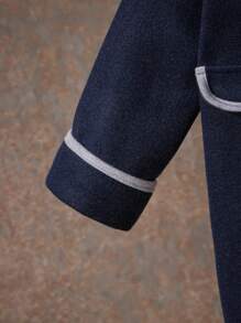 SHEIN Baby Boy's Color Block Trim Single-Breasted Long Sleeve Longline Woolen Blazer Jacket, Autumn And Winter - Navy Blue - View 5