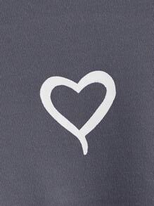 SHEIN 少女爱心印花宽松抽绳卫衣，长袖，秋冬季 - 深灰色 - 查看 6