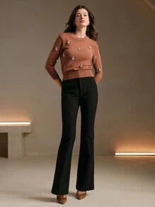 Anewsta 手工水晶和水钻装饰，柔软罗纹圆领，腰带长袖女士冬季针织毛衣 - 駝色 - 查看 6