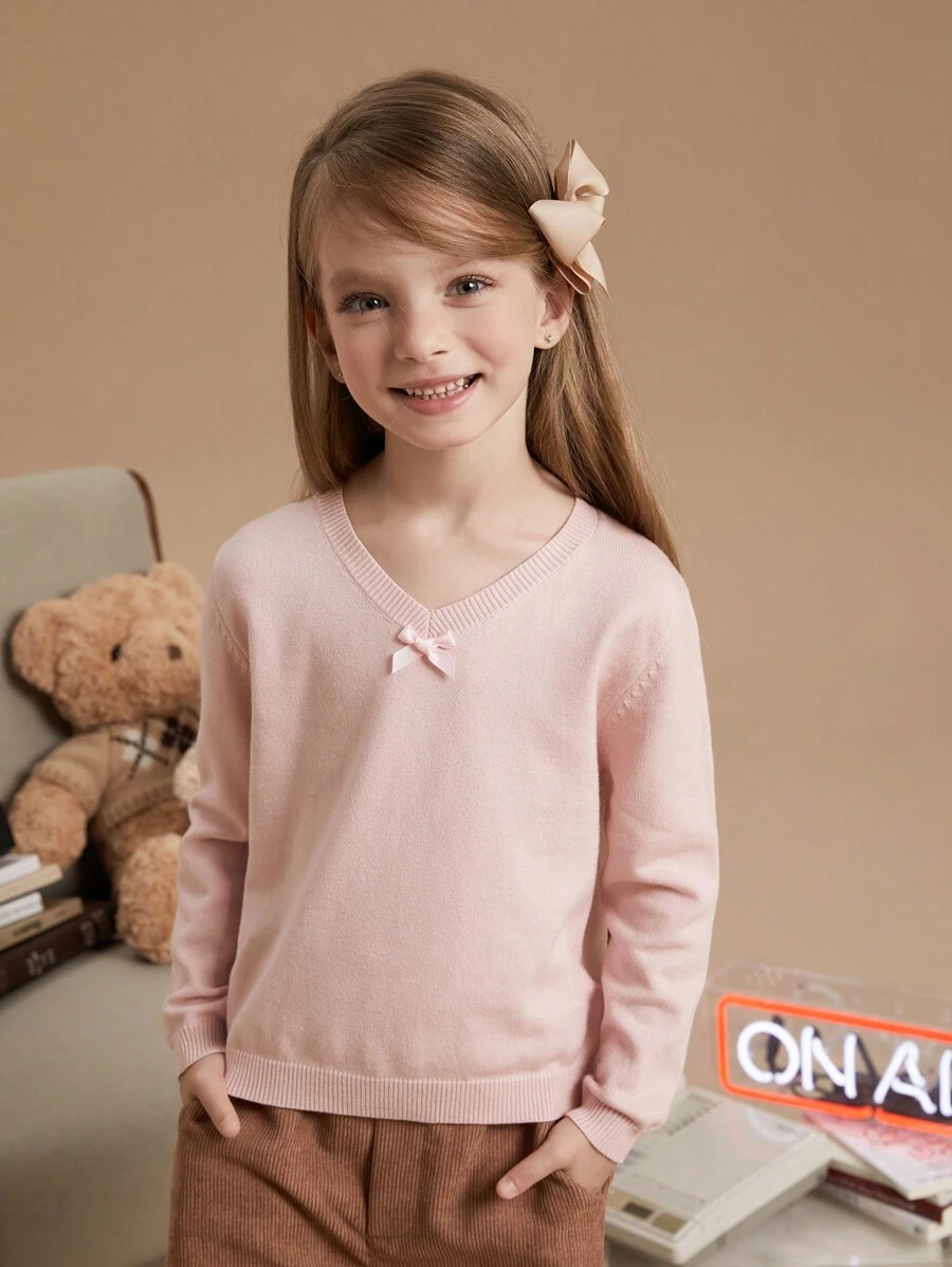 PrepCrw Young Girl Casual Solid Color V-Neck Bow Decor Loose Pullover Sweater
