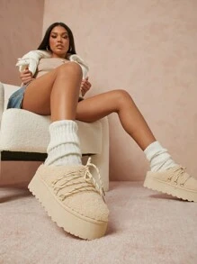 SHUZIA 女士可爱日常羊羔绒毛系带米色平底纯色鞋底凉鞋圣诞假期秋冬季度假氛围 - 卡其色 - 查看 4