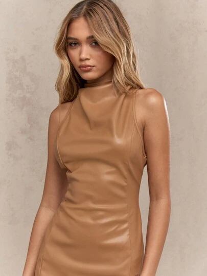 faux leather midi dress uk Leather Look Black Bodycon Midi Dress – 4EVER STUNNING main image 0
