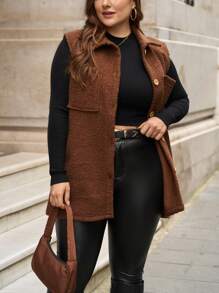 RueChic Frenchy Fall Outfits Teddy Vest Jacket, - Chocolate Brown - View 3