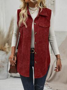 EMERY ROSE Women's Plain Front Button Casual Sleeveless Thin Jacket - Burgundy - View 1