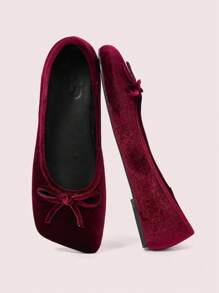 CUCCOO DOLLMOD Plus Size Rhombic Toe Flat Burgundy Red Suede Bow Decor Cute Flat Shoes, Minimalist Style For Women, Autumn/Winter New Year Holiday Valentines