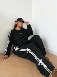 Calvaya 2 件大码女式蕾丝边蝴蝶结拼布运动衫套装，保暖内衬，适合秋冬季 - 黑色 - 查看 3