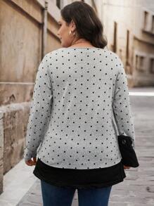 SHEIN LUNE Camiseta casual de manga larga con cuello redondo y botones con estampado de lunares para mujer de talla grande, ropa de otoño para tallas grandes