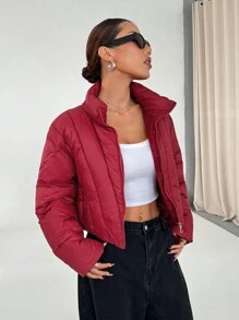SHEIN Unity Women's High-End Red Short Stand Collar Padded Coat, Loose Fit Thick Versatile Asymmetrical Design Padded Coat, Winter - Red - View 7