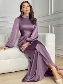 Modelyn 1 pieza Vestido largo de manga larga elegante con cuello alto, dobladillo con volantes y unicolor para mujer, vestido de noche largo - Púrpura polvoriento - Ver 4