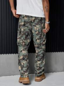 PAVTROS 男士火焰印花喇叭休闲迷彩印花工装运动裤，男朋友礼物，外出长款街头穿着裤，送给老公，男朋友礼物 - 軍綠色 - 查看 2