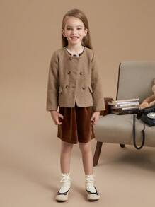 PrepCrw Young Girls' Academy Style Fitted Round Neck Double Breasted Jacket, Autumn/Winter - Apricot - View 6