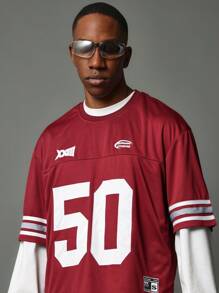 SUMWON Vintage Style American Football Jersey Retro Athletic Tee Shirt Short Sleeve Game Day Varsity Sportswear Number 50 Casual Throwback Design Fall Winter Collection - Red - View 3