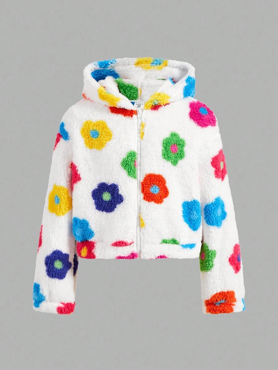 SHEIN Leap Crew Tween Girl 宽松休闲连帽拉链毛绒花卉印花长袖短款夹克 - 白色 - 查看 1