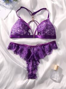 Floral Lace Lingerie Set Without Liner - Purple - View 6