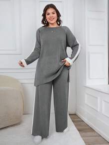 EURMUSE Plus Size Sweater And Pants Two-Piece Set With Raglan Sleeve, For Winter - Dark Grey - View 1