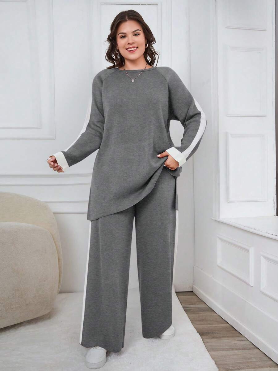 EURMUSE Plus Size Sweater And Pants Two-Piece Set With Raglan Sleeve, For Winter - Dark Grey - View 1