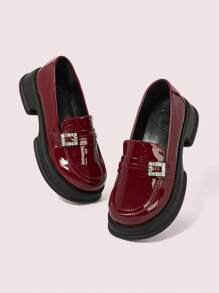 CUCCOO DOLLMOD Comfy Casual College Style Thick-Soled Square Rhinestone Buckle Loafers, Red For Christmas And New Year Holiday Vibe Fall And Winter