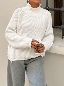 RueChic Casual Turtle Neck Rib Knit Raglan Sleeve Zipper Detailed Asymmetric Cozy Sweater - Beige - View 7