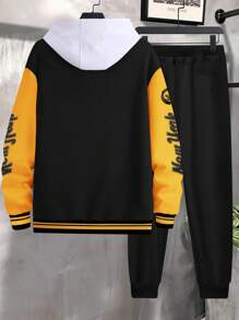 Manfinity Homme 2pcs Men's Slogan Print Long Sleeve Baseball Jacket And Pants Set, Men Streetwear, Men Outfit Sets, Men Two Pieces Set - Black - View 2