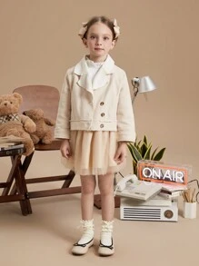 PrepCrw 少女杏色编织修身斜翻领夹克，秋冬学院风 - 米色 - 查看 1