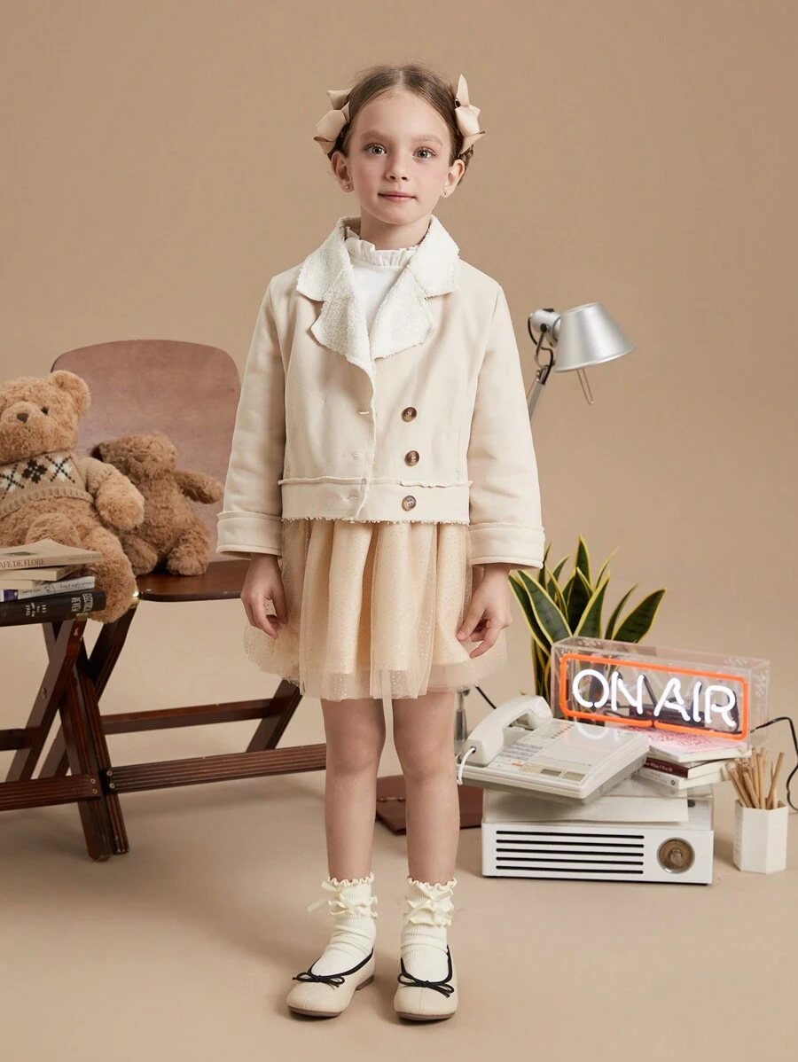 PrepCrw 少女杏色编织修身斜翻领夹克，秋冬学院风 - 米色 - 查看 1