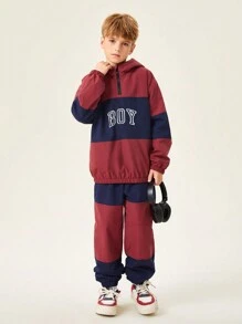 SHEIN 2pcs/Set Tween Boy Casual American Style Splice Fleece Suit - Burgundy - View 4