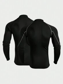Gym Rark Boyfriend Style Men's Stand Collar Long Sleeve Minimalist Casual Sports T-Shirt 2-Piece Set - Black - View 2