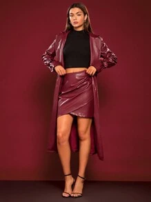 Glamine 女士 PU 皮革翻领立体包带腰长带，Ancora 红色时尚长款 PU 皮革风衣，适合日常约会、工作场所、办公室、圣诞节勃艮第、老钱风格、BAE - 紅色 - 查看 3